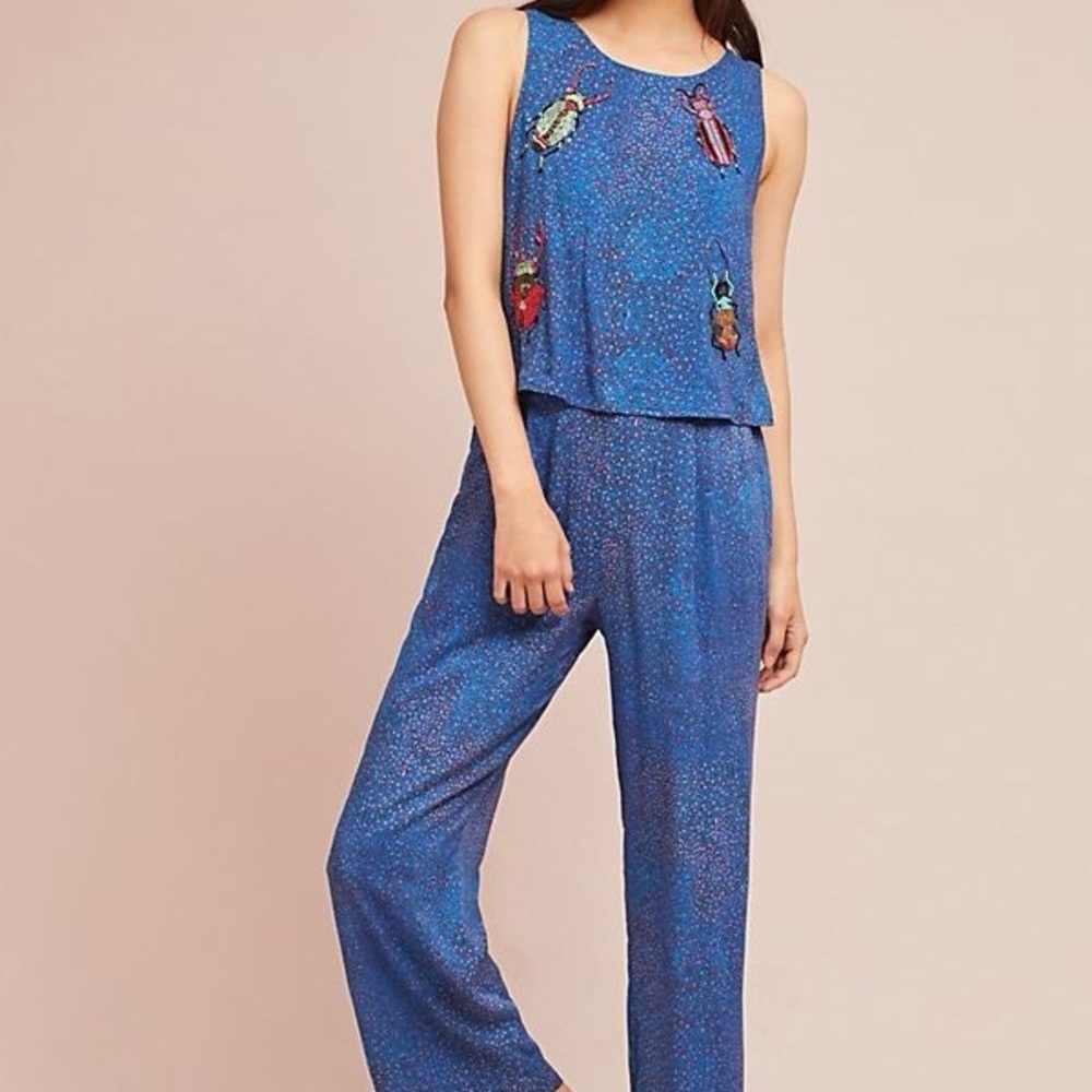 Anthropologie Blue Embroidered Jumpsuit
